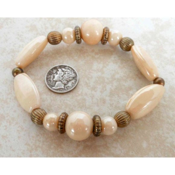 Vintage White Glass Multi Shape Bead Stretch Bracelet , Off-White - Picture 2 of 5